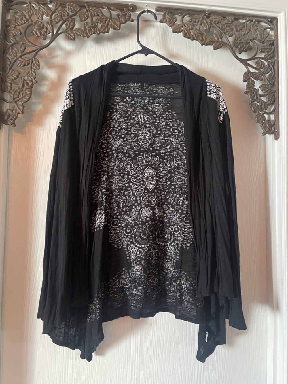 Black Open-Front Women's Cardigan with White Paisley Print